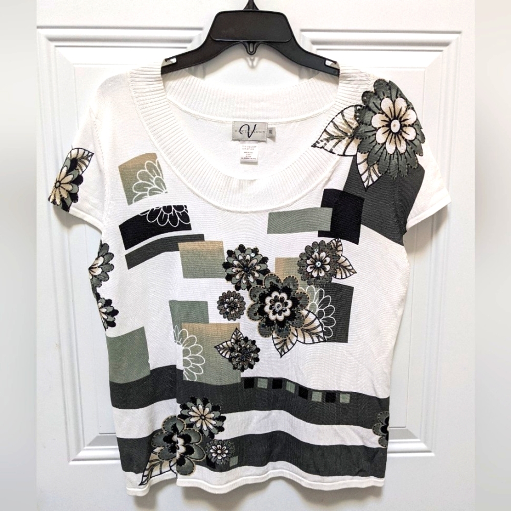 🆕 Retro Embellished Top Beads Sequins Gold Accents Short Sleeves, Varia